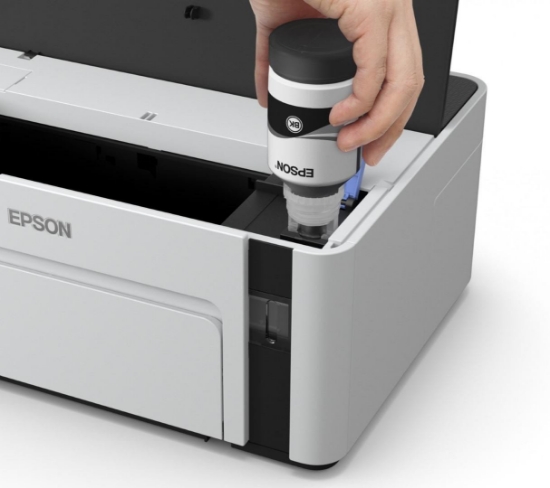 Imagine Imprimanta inkjet mono CISS Epson M1120, dimensiune A4, viteza max 32ppm, rezolutie printer 1440x720dpi, alimentare hartie 150 coli, volum maxim printare : 15000pagini/luna, interfata: USB 2.0, Wireless, consumabile: Ecotank MX1xx negru XL (6k/pag.), MX1xx negru L (2k/pag.),cerneala 6k/pag inclusa