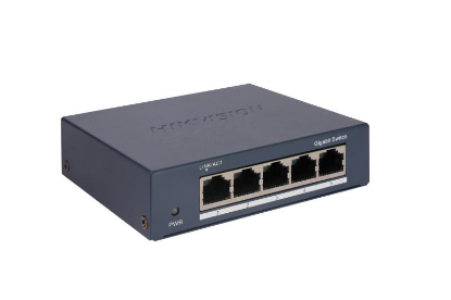 Imagine Switch Hikvision DS-3E0505-O: 5 × Gigabit RJ45 ports, 10 Gbps, 1000M network access, alimentare: 5VDC, 0.6A, dimensiuni: 105.00 mm × 27.60 mm × 83.10 mm, greutate: 0.17kg, montare pe birou sau pe perete.