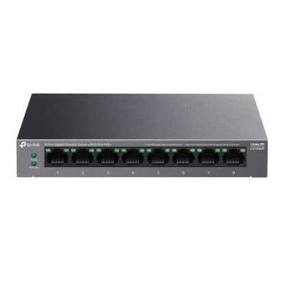 Imagine TP-LINK 5-PORT GIGABIT SWITCH LS108GP, interfata  8× 10/100/1000Mbps RJ45 Ports (Ports 1–8 supports 802.3af/at PoE+), AUTO Negotiation, AUTO MDI/MDIX, porturi Standard: 802.3 af/at compliant,  PoE Ports: Ports 1–8, pana la 30 W PoE output per port, PoE Budget: 62 W, dimensiuni 6.2× 3.9×1.0 in