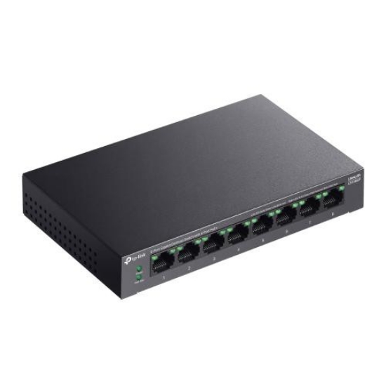 Imagine TP-LINK 5-PORT GIGABIT SWITCH LS108GP, interfata  8× 10/100/1000Mbps RJ45 Ports (Ports 1–8 supports 802.3af/at PoE+), AUTO Negotiation, AUTO MDI/MDIX, porturi Standard: 802.3 af/at compliant,  PoE Ports: Ports 1–8, pana la 30 W PoE output per port, PoE Budget: 62 W, dimensiuni 6.2× 3.9×1.0 in