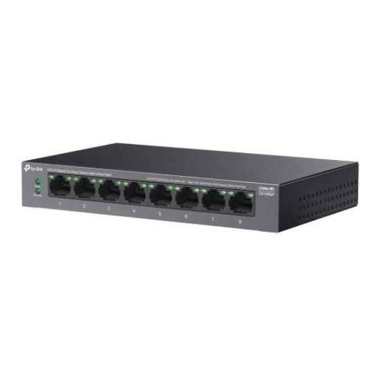 Imagine TP-LINK 5-PORT GIGABIT SWITCH LS108GP, interfata  8× 10/100/1000Mbps RJ45 Ports (Ports 1–8 supports 802.3af/at PoE+), AUTO Negotiation, AUTO MDI/MDIX, porturi Standard: 802.3 af/at compliant,  PoE Ports: Ports 1–8, pana la 30 W PoE output per port, PoE Budget: 62 W, dimensiuni 6.2× 3.9×1.0 in