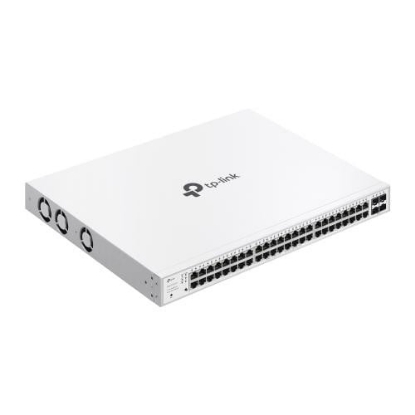 Imagine Switch TP-Link cu 52 de porturi, 48× 10/100/1000 Mbps PoE+ RJ45 Ports (Auto Negotiation/Auto MDI/MDIX),4× Gigabit SFP Slots, capacitate switch 104 Gbps, dimensiuni 17.3×13.0×1.7 in (440×330×44 mm)