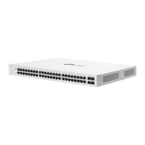 Imagine Switch TP-Link cu 52 de porturi, 48× 10/100/1000 Mbps PoE+ RJ45 Ports (Auto Negotiation/Auto MDI/MDIX),4× Gigabit SFP Slots, capacitate switch 104 Gbps, dimensiuni 17.3×13.0×1.7 in (440×330×44 mm)