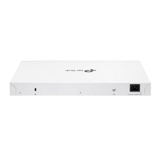 Imagine Switch TP-Link cu 52 de porturi, 48× 10/100/1000 Mbps PoE+ RJ45 Ports (Auto Negotiation/Auto MDI/MDIX),4× Gigabit SFP Slots, capacitate switch 104 Gbps, dimensiuni 17.3×13.0×1.7 in (440×330×44 mm)