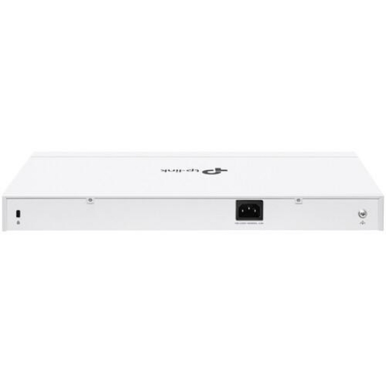 Imagine Switch TP-Link cu 28 de porturi, 24× Gigabit 802.3af/at PoE+ ports si 4× Gigabit SFP slots, capacitate switch 56 Gbps, dimensiuni 17.3×8.7×1.73 in (440×220×44 mm)