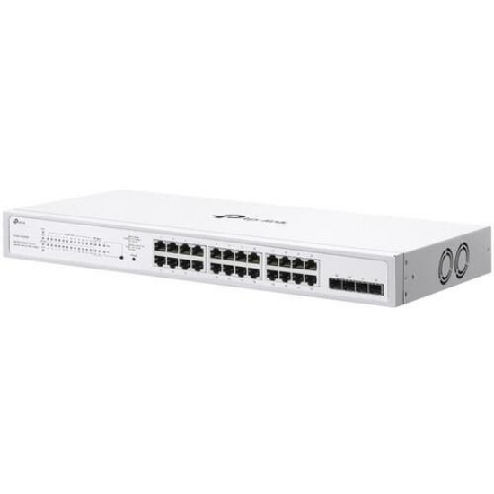 Imagine Switch TP-Link cu 28 de porturi, 24× Gigabit 802.3af/at PoE+ ports si 4× Gigabit SFP slots, capacitate switch 56 Gbps, dimensiuni 17.3×8.7×1.73 in (440×220×44 mm)