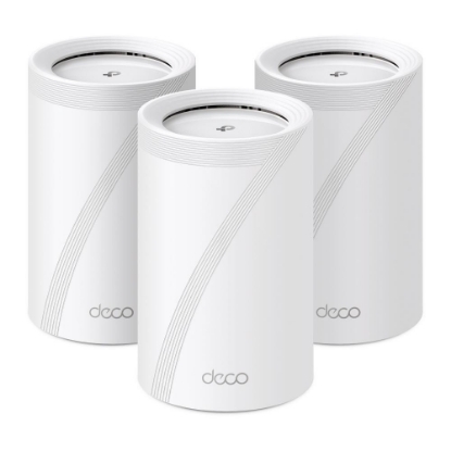 Imagine TP-LINK DECO BE65(3-PACK) Sistem Mesh WI-FI 7, BE9300, TRI-BAND, Standarde wireless: IEEE 802.11be/ax 6 GHz, IEEE 802.11be/ax/ac/n/a 5 GHz, IEEE 802.11ax/n/b/g 2.4 GHz, Viteze wireless: BE9300 6 GHz: 5760 Mbps (802.11be), 5 GHz: 2880 Mbps (802.11be), 2.4 GHz: 574 Mbps (802.11ax), 8 x antene interne