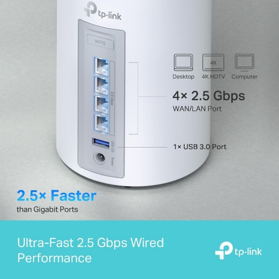 Imagine TP-LINK DECO BE65(3-PACK) Sistem Mesh WI-FI 7, BE9300, TRI-BAND, Standarde wireless: IEEE 802.11be/ax 6 GHz, IEEE 802.11be/ax/ac/n/a 5 GHz, IEEE 802.11ax/n/b/g 2.4 GHz, Viteze wireless: BE9300 6 GHz: 5760 Mbps (802.11be), 5 GHz: 2880 Mbps (802.11be), 2.4 GHz: 574 Mbps (802.11ax), 8 x antene interne