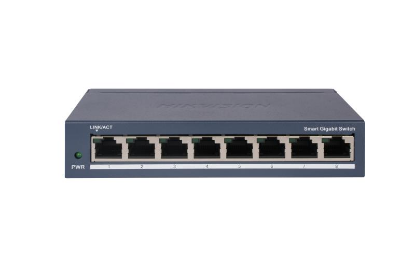 Imagine Switch 8 porturi Gigabit Hikvision DS-3E1508-EI(V2), L2, Smart Managed, 8 ×gigabit RJ45 porturi, switching capacity 16 Gbps, network topology management, alarm push, network health monitor, material metal, dimensiuni: 170 mm × 27.6 mm × 93.1 mm, greutate: 0.36 kg