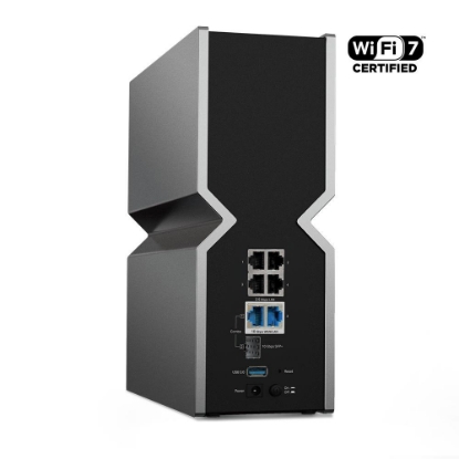 Imagine TP-LINK Router wireless TRi-Band Archer BE800, Otel inoxidabil, BE19000, Viteze wireless: • 6 GHz: 11520 Mbps (802.11be), 5 GHz: 5760 Mbps (802.11be), 2.4 GHz: 1376 Mbps (802.11be), 8 x antene interne, 4×4 MU- MIMO, Mod Router, Mod Access Point, Interfata: 1× port WAN/LAN de 10 Gbps, 1× port combo