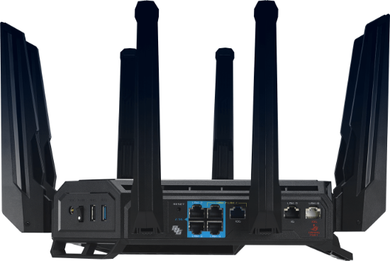 Imagine Router Asus Quad-Band ROG Rapture GT-BE98, WIFI-7, Standarde wireless: WiFi 6 (802.11ax), WiFi 7 (802.11be), IEEE 802.11a, IEEE 802.11b, IEEE 802.11g, IEEE 802.11n, IEEE 802.11ac, IPv4, IPv6, Segment Produs: BE25000, Viteza wireless: 1376+5764+5764+11529 Mbps, 8 x antene externe, Procesor: 2.6GHz