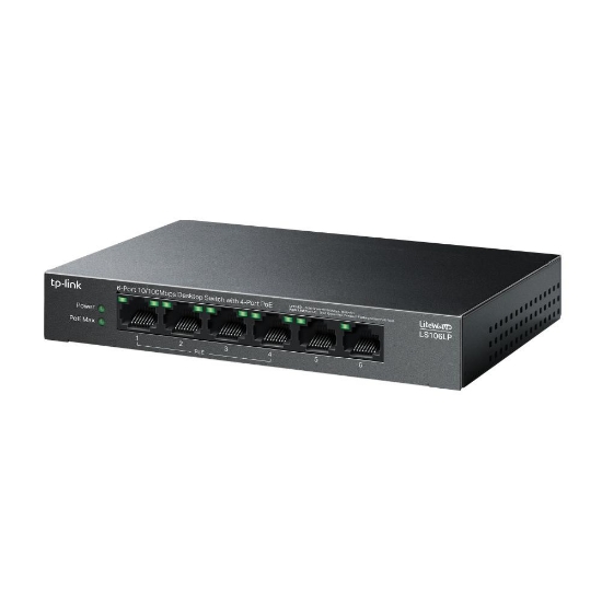 Imagine "6-Port 10/100 Mbps Desktop Switch with 4-Port PoE PORT: 4× 10/100 Mbps PoE Ports, 2× 10/100 Mbps Non-PoE Ports SPEC: 802.3af, 41 W PoE Power, Desktop Steel Case FEATURE: Extend Mode for 250m PoE Transmitting, PoE Auto Recovery, Plug and Play"