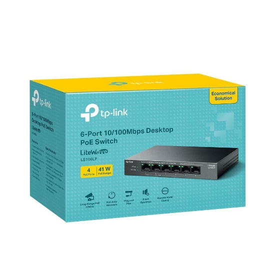 Imagine "6-Port 10/100 Mbps Desktop Switch with 4-Port PoE PORT: 4× 10/100 Mbps PoE Ports, 2× 10/100 Mbps Non-PoE Ports SPEC: 802.3af, 41 W PoE Power, Desktop Steel Case FEATURE: Extend Mode for 250m PoE Transmitting, PoE Auto Recovery, Plug and Play"