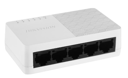 Imagine Switch Hikvision DS-3E0505D-O: 5 x 10/100/1000 Mbps ethernet port, 5 × Gigabit RJ45 port, tensiune alimentare: 5 VDC, 0.6 A, dimensiuni: 87.00 mm × 25.00 mm × 51.00 mm, greutate:  0.059kg, montare pe birou.