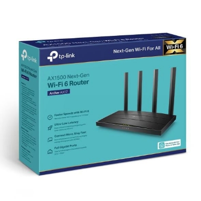 Imagine TP-Link Router Gigabit Dual-Band Wi-Fi 6 AX1500 ARCHER AX17, Standarde wireless: IEEE 802.11ax/ac/n/a 5 GHz, IEEE 802.11n/b/g 2.4 GHz, Viteza: 5 GHz: 1201 Mbps, 2.4 GHz: 300 Mbps, 4 antene fixe, Interfata: 1× port WAN Gigabit, 3× porturi LAN Gigabit, dimesiuni: 215 × 117 × 32 mm
