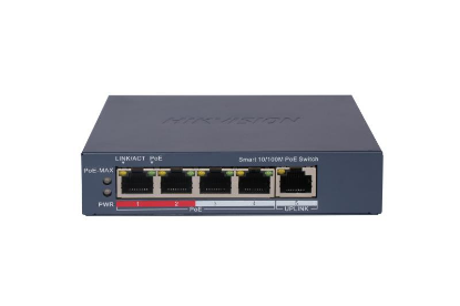Imagine Switch 4 porturi PoE Hikvision DS-3E1105P-EI, L2, Smart Managed, 4 × 100 Mbps PoE RJ45 ports, si 1 × 100 Mbps network RJ45 port, Putere PoE 60 W, maxim 30W per port, Extend mode - pana la 300 metri, material metal, dimensiuni: 105 mm × 27.6 mm × 83.1 mm, greutate: 0.22 kg