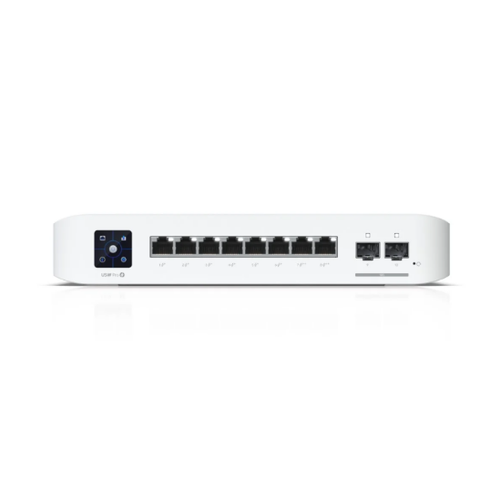 Imagine UBIQUITI Switch 8 porturi POE USW-PRO-8-POE-120W, Layer 3, Dimensiuni: 200 x 248 x 44 mm, Greutate: 2.1kg, Interfata: 8 x 10/100/1000Mbps, 2 x 10G SFP, 6 porturi POE, 2 porturi POE++, Capacitate switch: 56Gbps, buget POE: 120W.