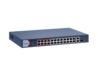 Imagine Switch PoE Hikvision DS-3E1326P-EI/M: 24 × 10/100 Mbps PoE port,1 × Gigabit combo,1 × Gigabit RJ45 port, 24 porturi PoE maxim 30W, buget PoE 230W, tensiune alimentara: 100-240 VAC, 50/60 Hz, Max. 4 A, dimensiuni: 335.00 mm × 44.50 mm × 226.00 mm, greutate: 2.13kg.