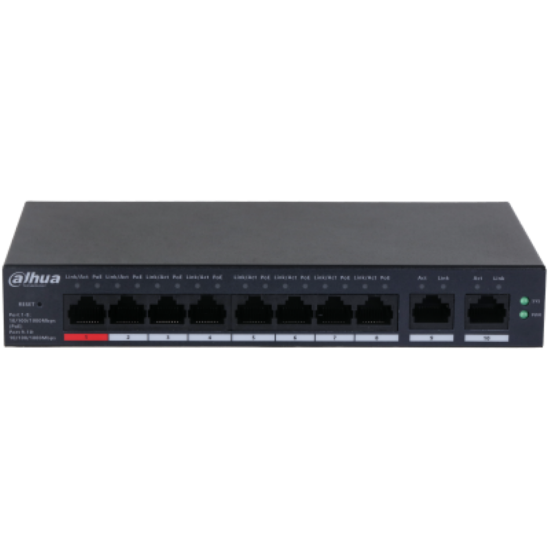 Imagine Dahua 10-Port Cloud Managed Desktop Gigabit Switch cu 8-Port PoE, CS4010-8GT-110, Interfata: Port 1-8: 8 × RJ-45 10/100/1000 Mbps (PoE); Port 9-10: 2 × RJ-45 10/100/1000 Mbps（uplink）, Managed, Layer 2, Switching Capacity: 20 Gbps, Packet Forwarding Rate: 14.88 Mpps, Standarde retea:  IEEE802.3