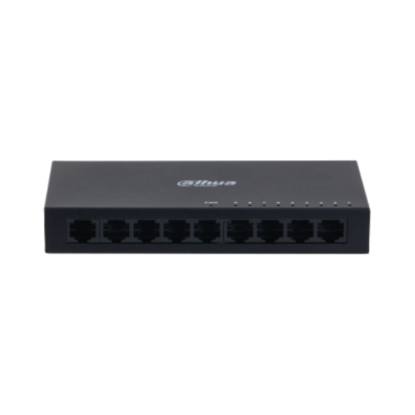 Imagine Switch Dahua 9 porturi, unmanaged, Interfata: Port 1-8: 8 × RJ-45 10/100 Mbps, Port 9: 1 × RJ-45 10 M/100 M/1000 Mbps (uplink), Capacitate: 3.6 Gbps, Packet Forwarding Rate: 2.678 Mpps, Greutate: 210g, Dimensiuni: 150 mm × 70 mm × 22.55 mm.