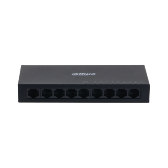 Imagine Switch Dahua 9 porturi, unmanaged, Interfata: Port 1-8: 8 × RJ-45 10/100 Mbps, Port 9: 1 × RJ-45 10 M/100 M/1000 Mbps (uplink), Capacitate: 3.6 Gbps, Packet Forwarding Rate: 2.678 Mpps, Greutate: 210g, Dimensiuni: 150 mm × 70 mm × 22.55 mm.