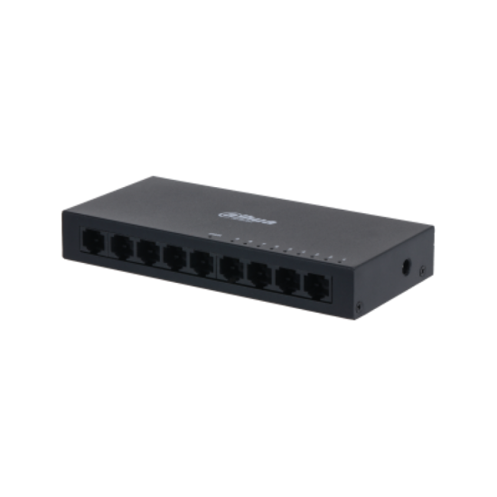Imagine Switch Dahua 9 porturi, unmanaged, Interfata: Port 1-8: 8 × RJ-45 10/100 Mbps, Port 9: 1 × RJ-45 10 M/100 M/1000 Mbps (uplink), Capacitate: 3.6 Gbps, Packet Forwarding Rate: 2.678 Mpps, Greutate: 210g, Dimensiuni: 150 mm × 70 mm × 22.55 mm.