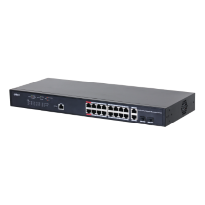 Imagine Dahua Managed Switch 18 porturi, 16 porturi POE, Gigabit, Port 1-16:16 × 10M/100M/1000MBase-T (PoE), Port 17-18:2 × 10M/100M/1000MBase-T (uplink) (combo), Port 17-18:2 × 1000M SFP (uplink)(combo), 1 × Console port, Managed L2, Capacitate switch: 56 Gbps, Packet Forwarding Rate: 29.76 Mpps