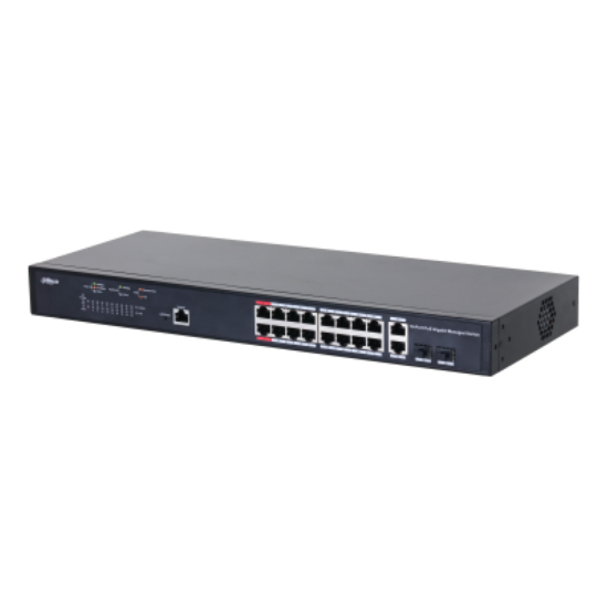 Imagine Dahua Managed Switch 18 porturi, 16 porturi POE, Gigabit, Port 1-16:16 × 10M/100M/1000MBase-T (PoE), Port 17-18:2 × 10M/100M/1000MBase-T (uplink) (combo), Port 17-18:2 × 1000M SFP (uplink)(combo), 1 × Console port, Managed L2, Capacitate switch: 56 Gbps, Packet Forwarding Rate: 29.76 Mpps