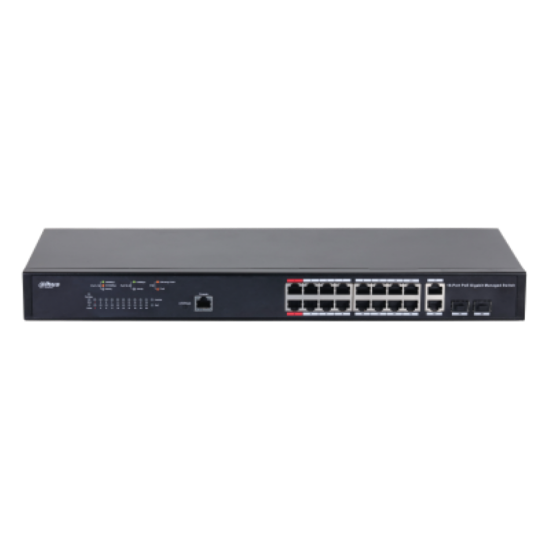 Imagine Dahua Managed Switch 18 porturi, 16 porturi POE, Gigabit, Port 1-16:16 × 10M/100M/1000MBase-T (PoE), Port 17-18:2 × 10M/100M/1000MBase-T (uplink) (combo), Port 17-18:2 × 1000M SFP (uplink)(combo), 1 × Console port, Managed L2, Capacitate switch: 56 Gbps, Packet Forwarding Rate: 29.76 Mpps