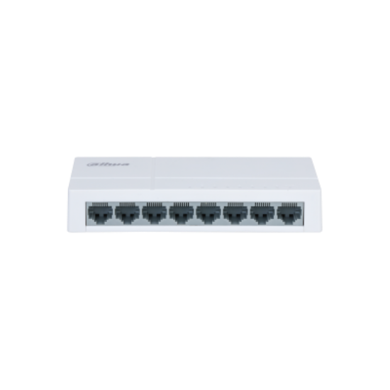 Imagine Switch Dahua 8 porturi Unmanaged, PFS3008-8ET-L, Interfata: 8 x 10/100 Mbps, Capacitate: 1.6 Gbit, Packet Forwarding Rate: 1.1904 MPPS, Greutate: 160g, Dimensiuni: 132.9 mm × 62.4 mm × 24.0 mm, Material carcasa: plastic.
