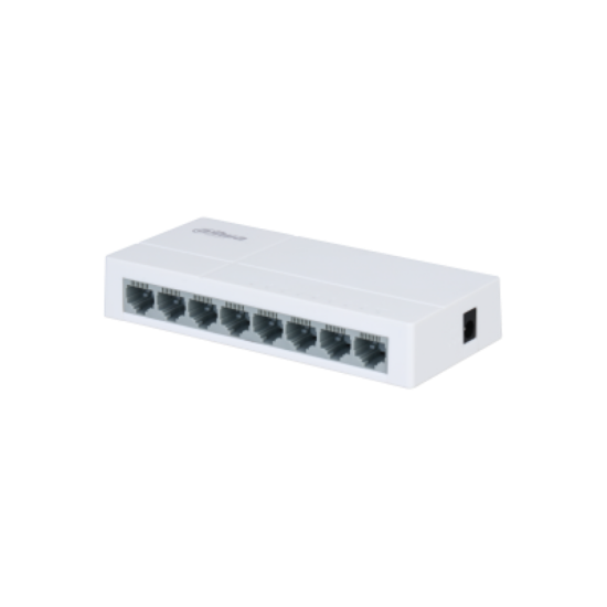 Imagine Switch Dahua 8 porturi Unmanaged, PFS3008-8ET-L, Interfata: 8 x 10/100 Mbps, Capacitate: 1.6 Gbit, Packet Forwarding Rate: 1.1904 MPPS, Greutate: 160g, Dimensiuni: 132.9 mm × 62.4 mm × 24.0 mm, Material carcasa: plastic.