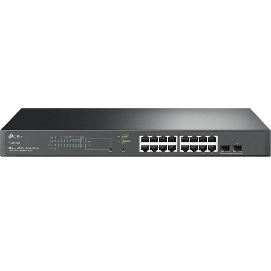 Imagine "JetStream™ 18-Port Gigabit Smart Switch with 16-Port PoE+ PORT: 16× Gigabit RJ45 Ports, 2× Gigabit SFP Slots SPEC: 802.3at/af, 150 W PoE Power, 1U 19-inch Rack-mountable Steel Case FEATURE: Integration with JetStream™ SDN Controller, Static Routing, 802.1Q VLAN, STP/RSTP/MSTP, IGMP Snooping
