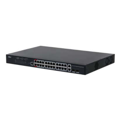 Imagine Dahua managed switch 26 porturi, 24 porturi POE, Interfata:24 x 10/100/1000 Mbps, 2 x 2 gigabit uplink combo ports, Buget POE: 370w, Switching Capacity: 56 Gbps, Packet Forwarding Rate: 41.7 Mpps, Standarde retea: IEEE 802.3, IEEE 802.3u, IEEE 802.3ab, Dimensiuni: 440 mm × 290.7 mm × 43.3 mm