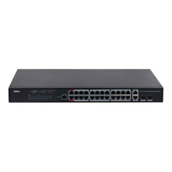 Imagine Dahua managed switch 26 porturi, 24 porturi POE, Interfata:24 x 10/100/1000 Mbps, 2 x 2 gigabit uplink combo ports, Buget POE: 370w, Switching Capacity: 56 Gbps, Packet Forwarding Rate: 41.7 Mpps, Standarde retea: IEEE 802.3, IEEE 802.3u, IEEE 802.3ab, Dimensiuni: 440 mm × 290.7 mm × 43.3 mm