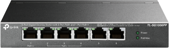 Imagine "6-Port Gigabit Desktop Switch with 3-Port PoE+ and 1-Port PoE++ PORT: 1× Gigabit PoE++ Port, 3× Gigabit PoE+ Ports, 2x Gigabit Non-PoE Ports SPEC: 802.3af/at/bt type3, 64 W PoE Power,  Desktop Steel Case FEATURE: Extend Mode for 250m PoE Transmitting for Port1-2, PoE Auto Recovery for Port1-4, Plug
