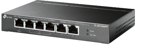 Imagine "6-Port Gigabit Desktop Switch with 3-Port PoE+ and 1-Port PoE++ PORT: 1× Gigabit PoE++ Port, 3× Gigabit PoE+ Ports, 2x Gigabit Non-PoE Ports SPEC: 802.3af/at/bt type3, 64 W PoE Power,  Desktop Steel Case FEATURE: Extend Mode for 250m PoE Transmitting for Port1-2, PoE Auto Recovery for Port1-4, Plug