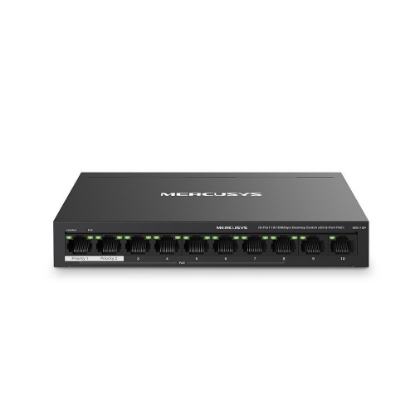 Imagine MERCUSYS DESKTOP SWITCH 10PORT MS110P POE, Interfata:  10× 10/100 Mbps, Standarde si protocoale:  IEEE 802.3x Flow Control, Dimensiuni:  171*98* 27 mm, Porturi POE: 1-8, Buget POE: 65W.