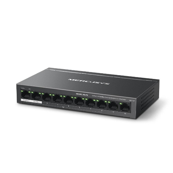Imagine MERCUSYS DESKTOP SWITCH 10PORT MS110P POE, Interfata:  10× 10/100 Mbps, Standarde si protocoale:  IEEE 802.3x Flow Control, Dimensiuni:  171*98* 27 mm, Porturi POE: 1-8, Buget POE: 65W.