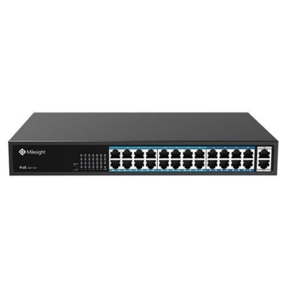 Imagine POE Switch Milesight 24 Porturi POE MS-S0224-GL, Porturi: 24X10/100MbpsPoEports(RJ45)+2X1000Mbps uplink ports, Alimentare: Built- in switching power supply AC 100~240 V, 50-60 Hz, 5A; Standard POE: IEEE802.3af/at; Buget POE: max. 400W, max 30W per port, Temperatura de functionare:-20℃~55℃; IP30