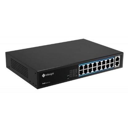 Imagine POE Switch Milesight 16 Porturi POE MS-S0216-GL, Porturi: 16X10/100MbpsPoEports(RJ45) +2X1000Mbps uplink ports, Alimentare: Built- in switching power supply AC 100~240 V, 50-60 Hz, 2.5A; Standard POE: IEEE802.3af/at; Buget POE: max. 200W, max 30W per port, Temperatura de functionare:-20℃~55℃; IP30
