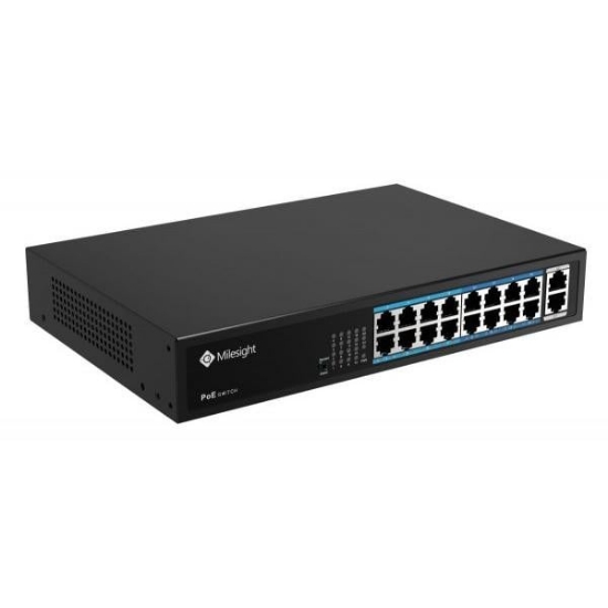 Imagine POE Switch Milesight 16 Porturi POE MS-S0216-GL, Porturi: 16X10/100MbpsPoEports(RJ45) +2X1000Mbps uplink ports, Alimentare: Built- in switching power supply AC 100~240 V, 50-60 Hz, 2.5A; Standard POE: IEEE802.3af/at; Buget POE: max. 200W, max 30W per port, Temperatura de functionare:-20℃~55℃; IP30