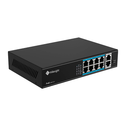 Imagine POE Switch Milesight 8 Porturi POE MS-S0208-EL, Porturi: 8 × 10/100 Mbps PoE ports (RJ45),2 × 1000 Mbps uplink ports, Alimentare: Built-in switching power supply AC 100~240 V, 50-60 Hz, 2.2 A; Standard POE: IEEE802.3af/at; Buget POE: max. 120W, max 30W per port, Temperatura de functionare:-20℃~55℃