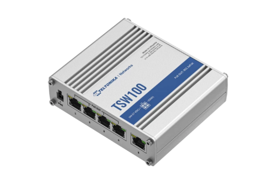 Imagine TELTONIKA INDUSTRIAL 5PORT Unmanaged POE+ Switch TSW100, Interfata: 5 x ETH ports, 10/100/1000 Mbps, supports auto MDI/MDIX crossover, Standarde retea: 802.3i, 802.3u, 802.3ab, 802.3x, 802.3az, 802.3ad, Porturi POE:1-4, POE Budget: 120W, Latime de banda: 10 Gbps, Carcasa aluminiu: Dimensiuni: 115 x