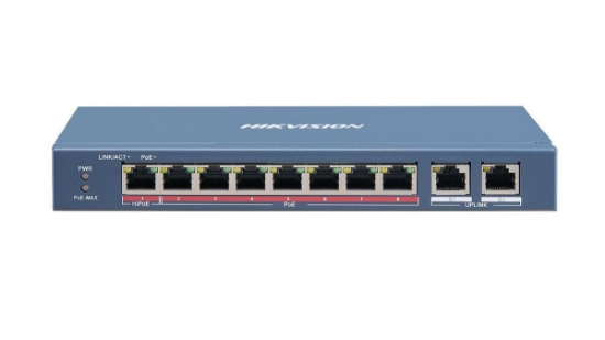 Imagine Switch 8 porturi PoE Hikvision DS-3E1310HP-EI prezinta 1 × 10/100 Mbps Hi-PoE port, 7 × 10/100 Mbps PoE ports, and 2 × 10/100/1000 Mbps RJ45 ports, Up to 300 m Long Range PoE Transmission,IEEE 802.3bt standard Hi- PoE port provides max. 90 W power supply for high power devices such as domes or other