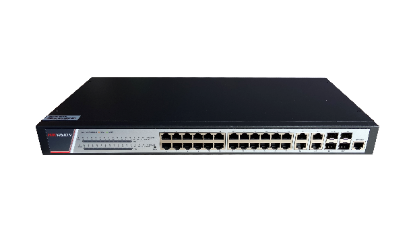 Imagine Switch 24 porturi POE Gigabit, Hikvision DS-3E2528P(B)(O-STD), Full Managed, 24  x Gigabit Poe electrical ports si 4 x Gigabit combo ports, SwitchingCapacity 336 Gbps, Packet Forwarding Rate 51 Mpps,putere POE 370 W, maxim 30W per port, Software Function: Device Maintenance, Reliability, WLAN, Port