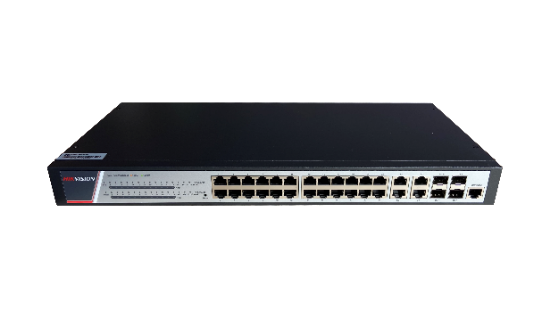 Imagine Switch 24 porturi POE Gigabit, Hikvision DS-3E2528P(B)(O-STD), Full Managed, 24  x Gigabit Poe electrical ports si 4 x Gigabit combo ports, SwitchingCapacity 336 Gbps, Packet Forwarding Rate 51 Mpps,putere POE 370 W, maxim 30W per port, Software Function: Device Maintenance, Reliability, WLAN, Port