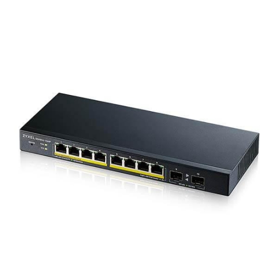 Imagine Switch Zyxel GS1900-10HP v2, 8-port GbE L2 PoE Smart Switch + 2 SFP slots, 802.3at, desktop, fanless, 70 Watt