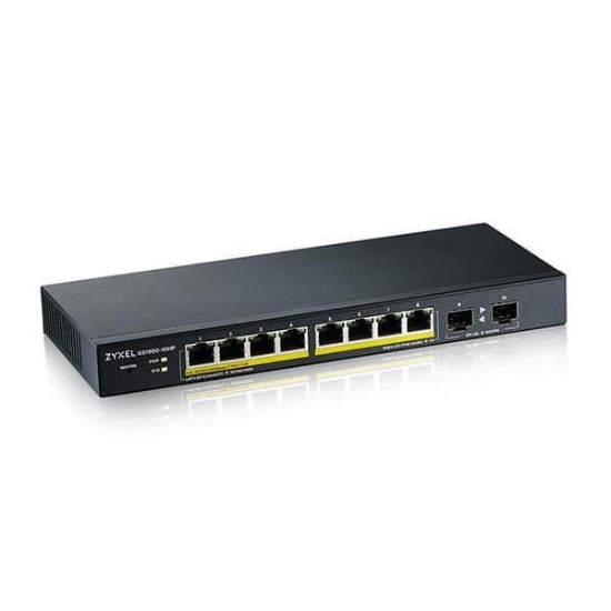 Imagine Switch Zyxel GS1900-10HP v2, 8-port GbE L2 PoE Smart Switch + 2 SFP slots, 802.3at, desktop, fanless, 70 Watt