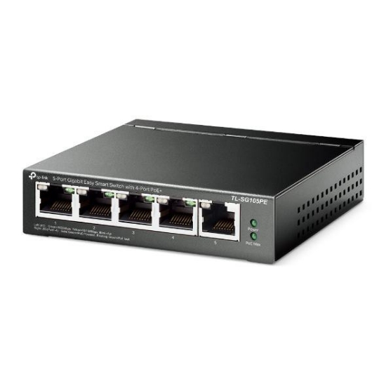 Imagine "5-Port Gigabit Easy Smart Switch with 4-Port PoE+ PORT: 4× Gigabit PoE+ Ports, 1× Gigabit Non-PoE Ports SPEC: 802.3at/af, 65 W PoE Power, Desktop Steel Case FEATURE: PoE Auto Recovery, MTU/Port/Tag-based VLAN, QoS, IGMP Snooping, Web/Utility Management, Plug and Play"