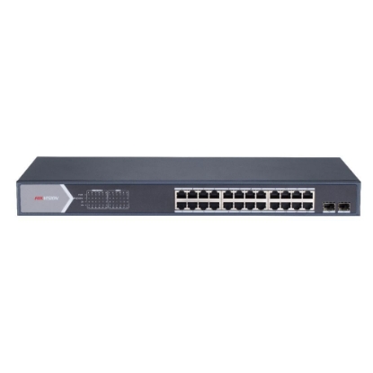 Imagine Switch 24 porturi Gigabit Hikvision DS-3E1526P-SI, L2, Smart Managed, 24 × gigabit PoE ports si 2 × gigabit fiber optical ports, Putere PoE 370W, maxim 30W per port,  Extend mode - pana la 300 metri, Switching capacity 52 Gbps, PoE watchdog, network topology management, alarm push, network health